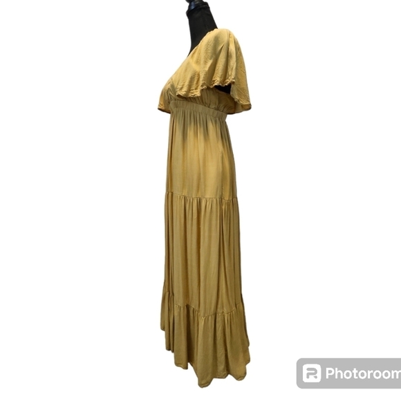 Wishlist Apparel Mustard Deep V-neck 100% Rayon Tiered Swing Maxi Dress Size S - Picture 3 of 14